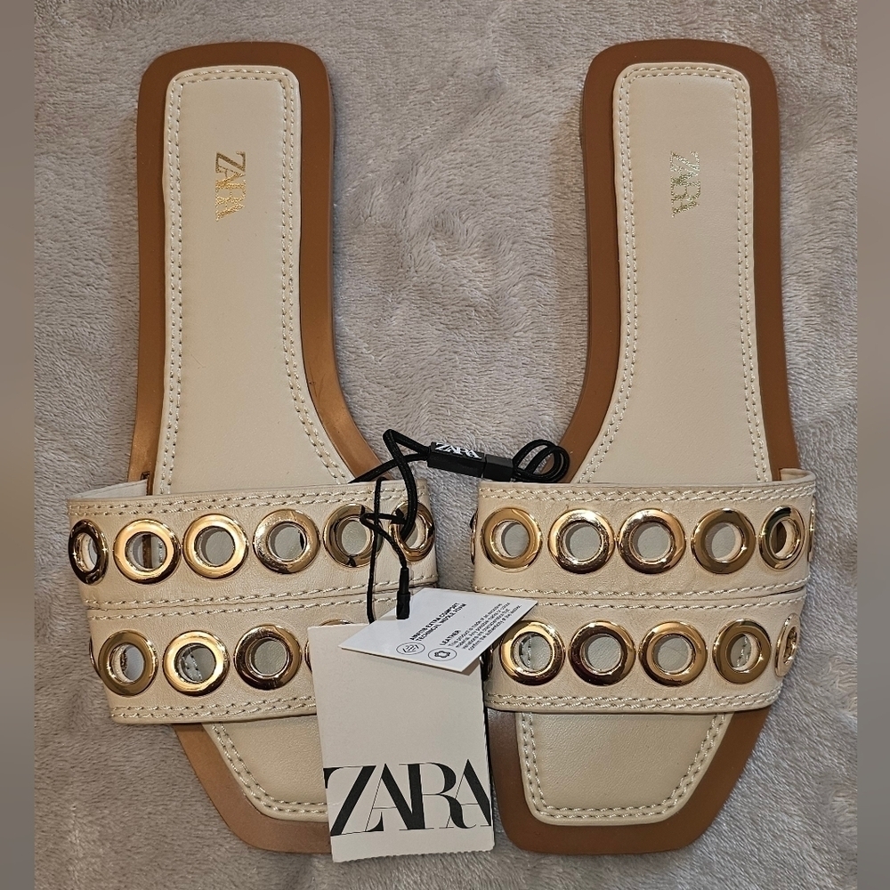 ZARA GOLD EMBELLISHED SANDAL EUR 37/ US 7 ivory and camel set Grommett - Picture 3 of 6